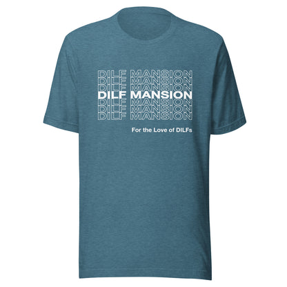 Heather deep teal t-shirt with Dilf Mansion repeat graphic in white.