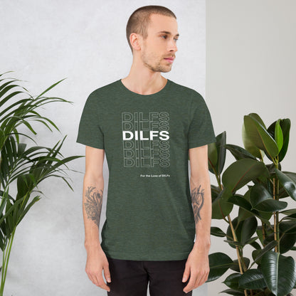 Heather forest t-shirt with repeating pattern of the word Dilfs in all caps and For the Love of Dilfs below it in white. On model.