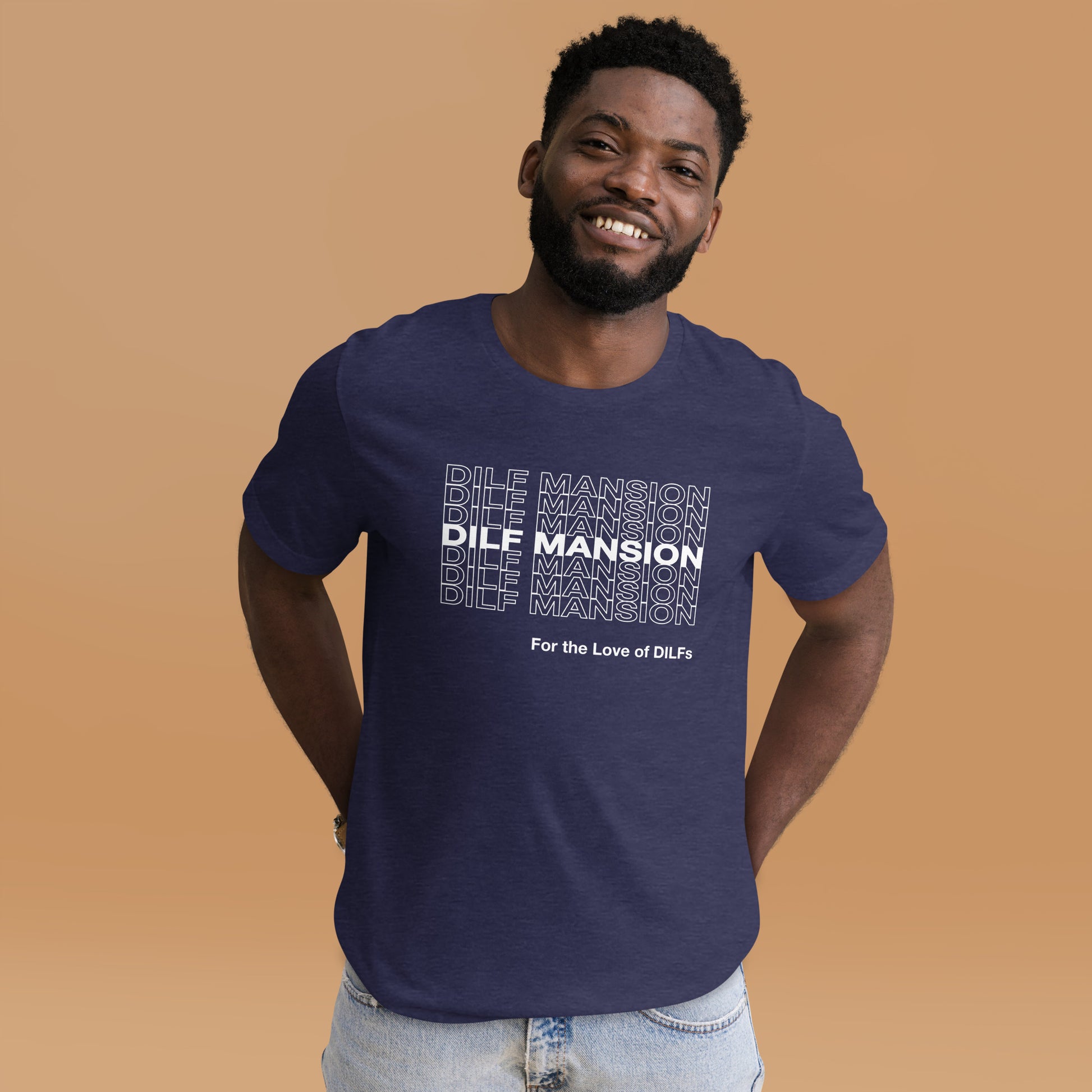 Heather midnight navy shirt with repeating pattern of the words Dilf Mansion in all caps and For the Love of Dilfs below it in white.