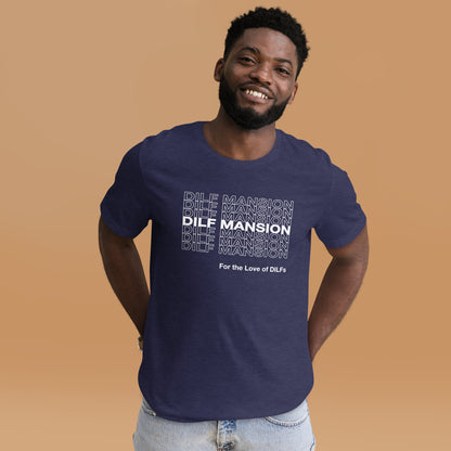 Heather midnight navy shirt with repeating pattern of the words Dilf Mansion in all caps and For the Love of Dilfs below it in white.