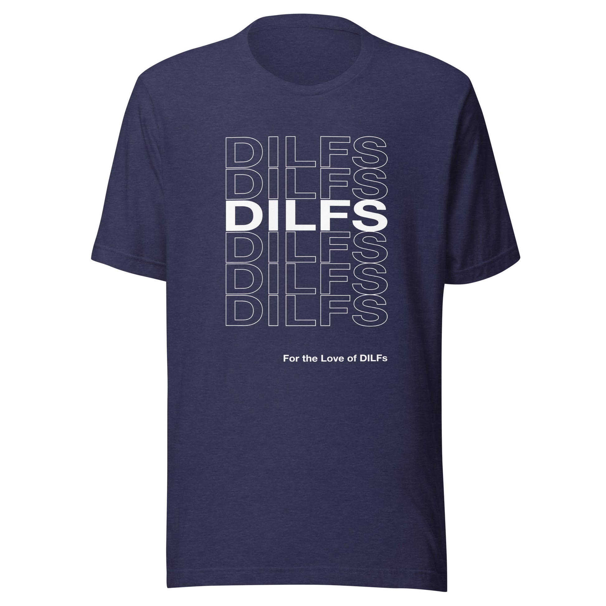 Heather midnight navy t-shirt with Dilfs repeat graphic in white.