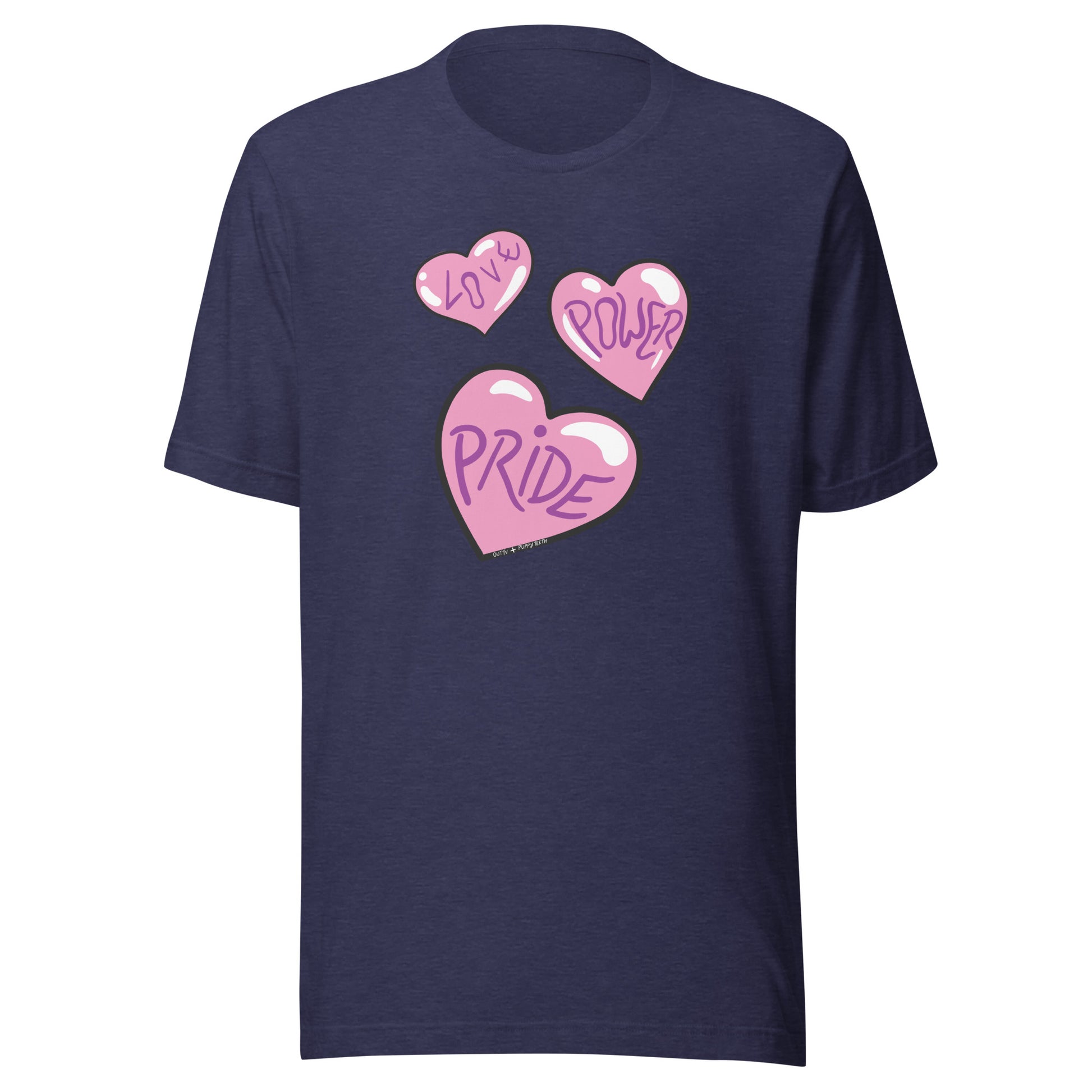 Midnight Navy heather shirt, with the 3 hearts.