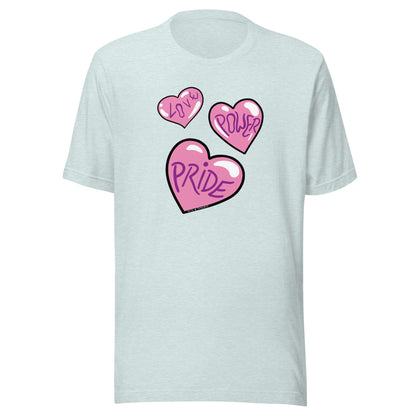 Ice blue heather T-shirt, with the 3 pink Love, Power and Pride hearts.