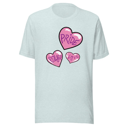 Ice blue heather T-shirt, with the 3 pink Pride, Power and Love hearts.