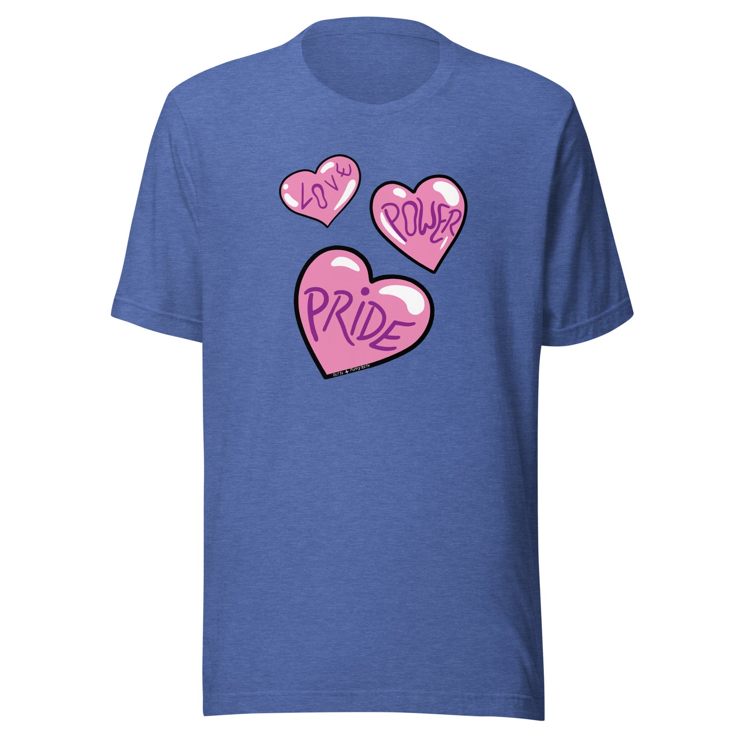 Royal blue heather shirt, with three hearts.