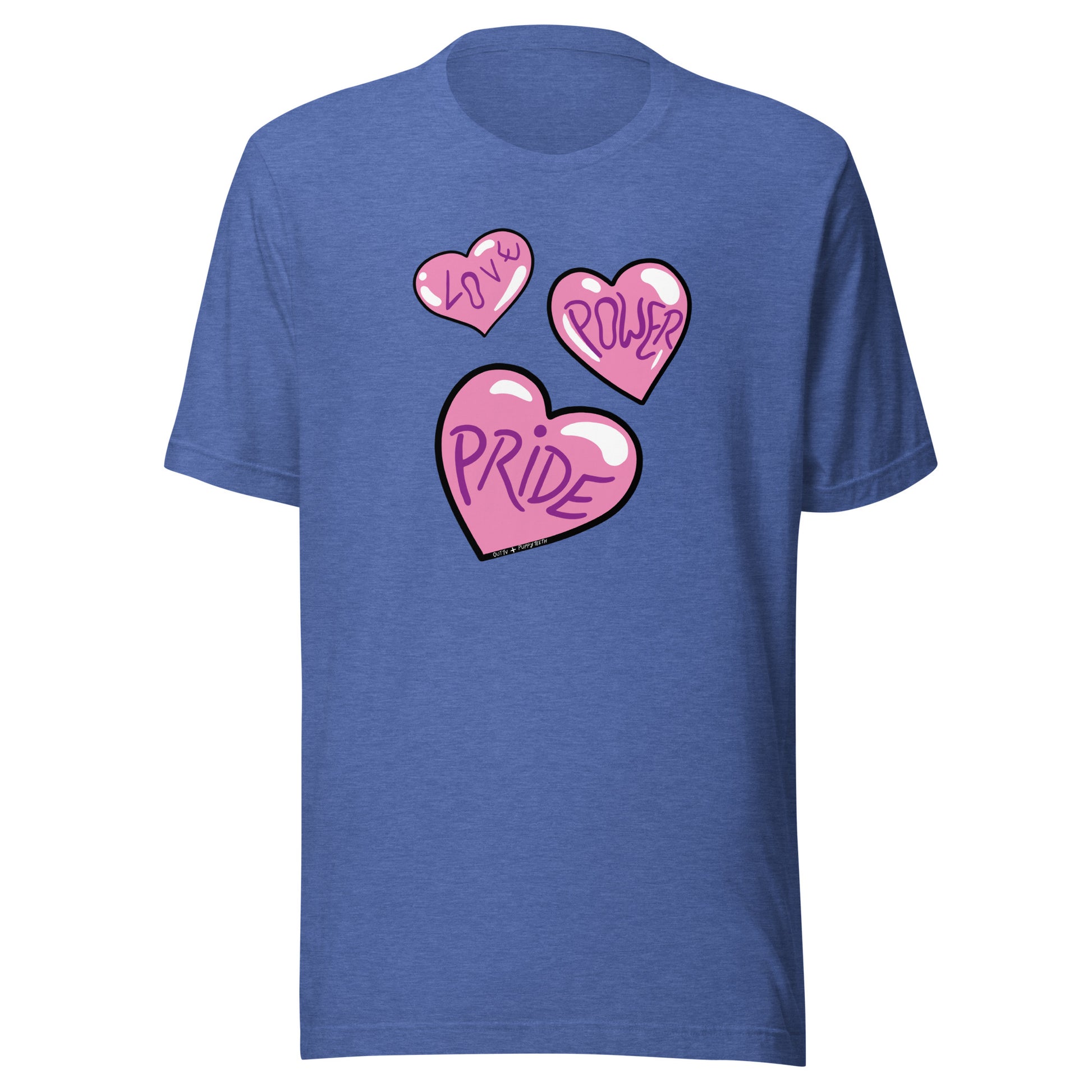 Royal blue heather shirt, with three hearts.