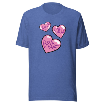 Royal blue heather shirt, with three hearts.