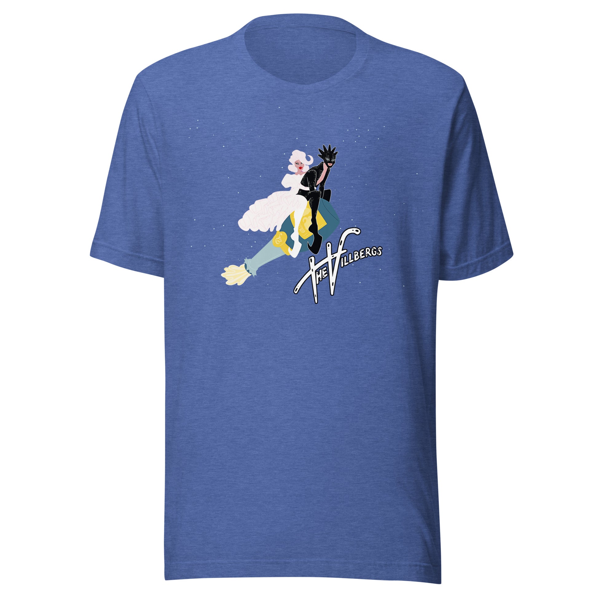 Royal blue heather tee with graphic.