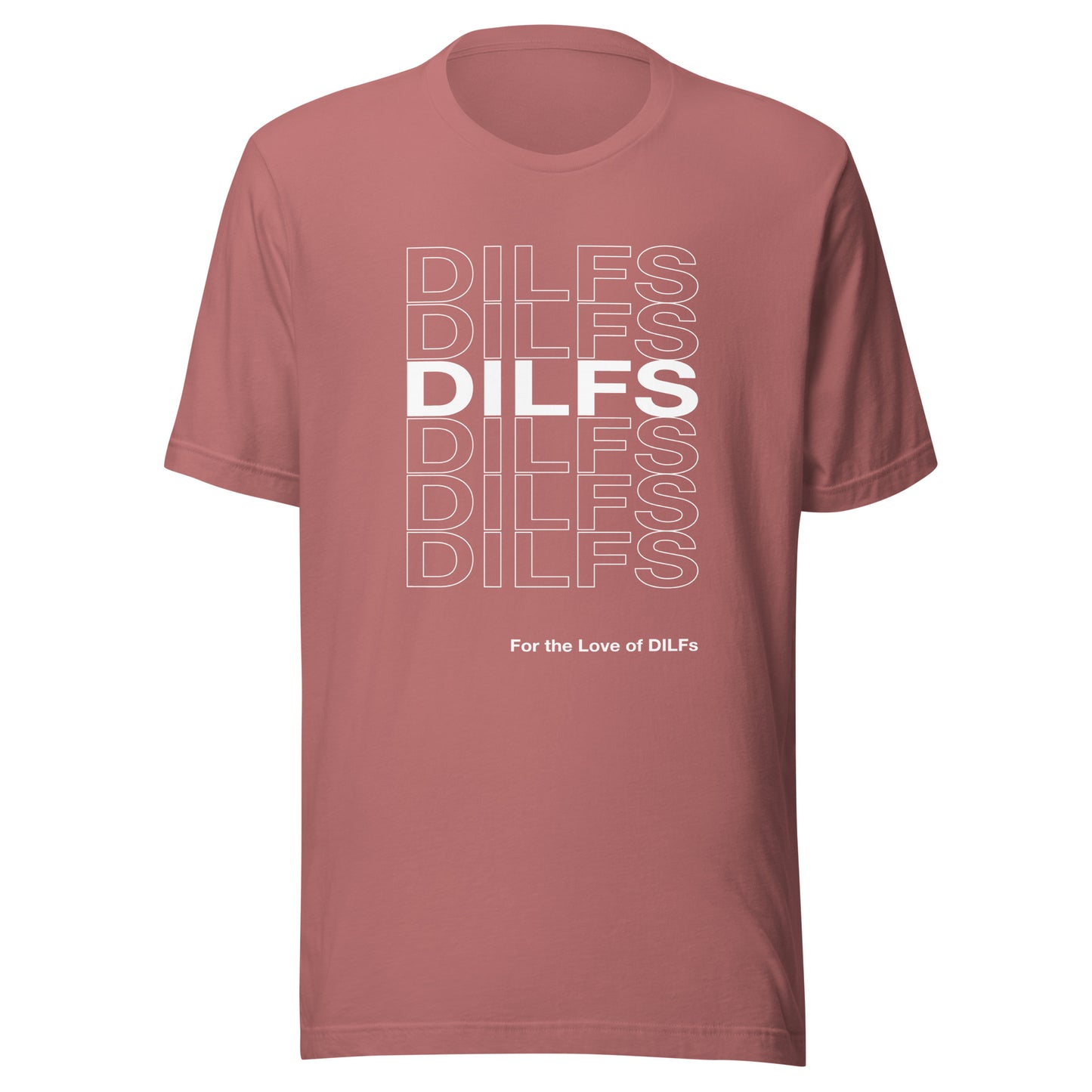 Mauve t-shirt with Dilfs repeat graphic in white.