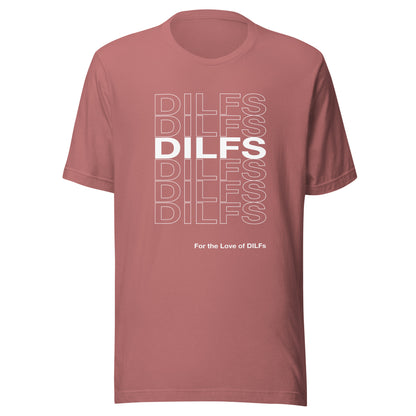 Mauve t-shirt with Dilfs repeat graphic in white.
