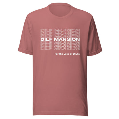 Mauve t-shirt with Dilf Mansion repeat graphic in white.