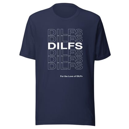 Navy blue t-shirt with Dilfs repeat graphic in white.