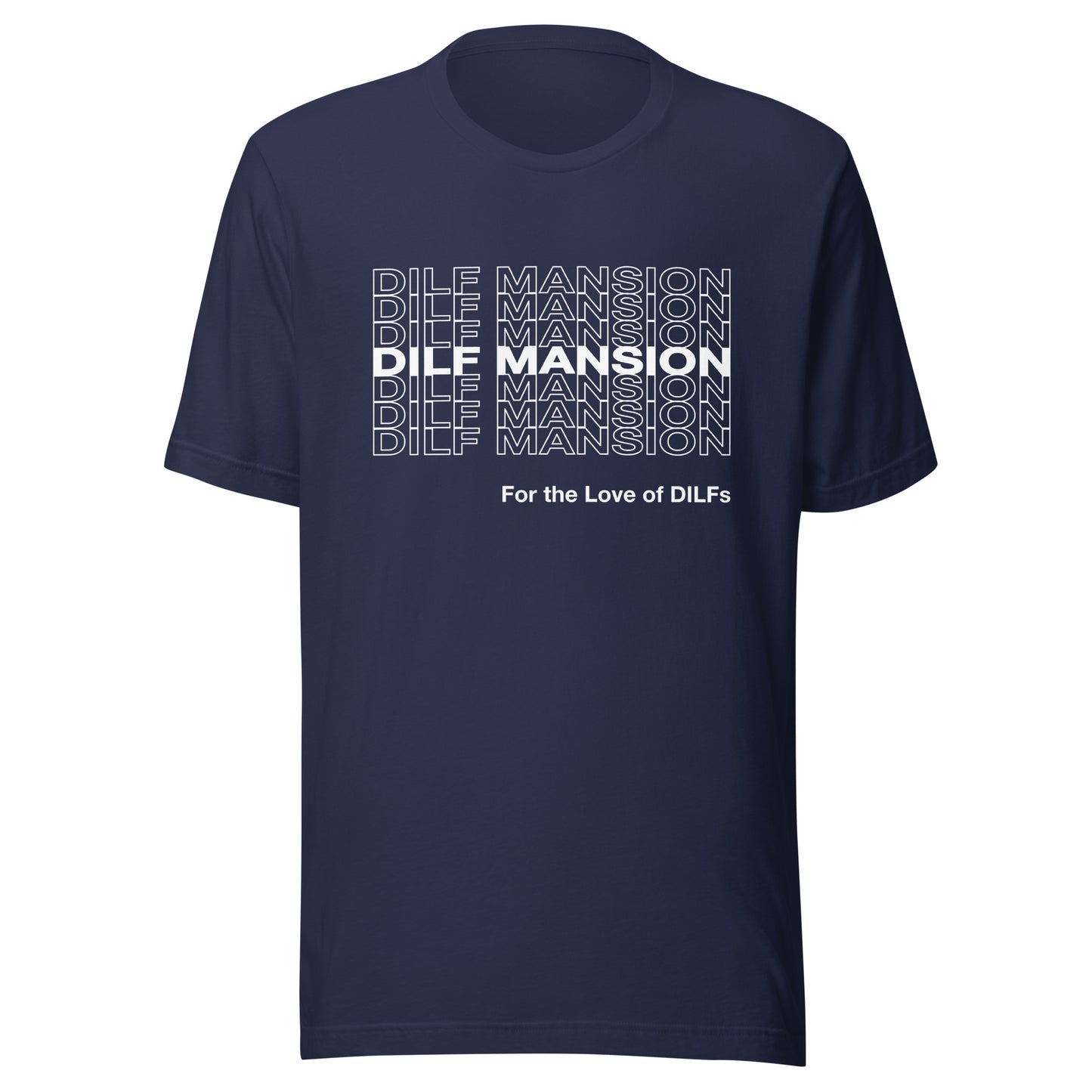 Navy blue t-shirt with Dilf Mansion repeat graphic in white.