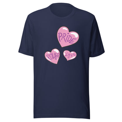 Navy blue tee, with Pride, Power and Love hearts.