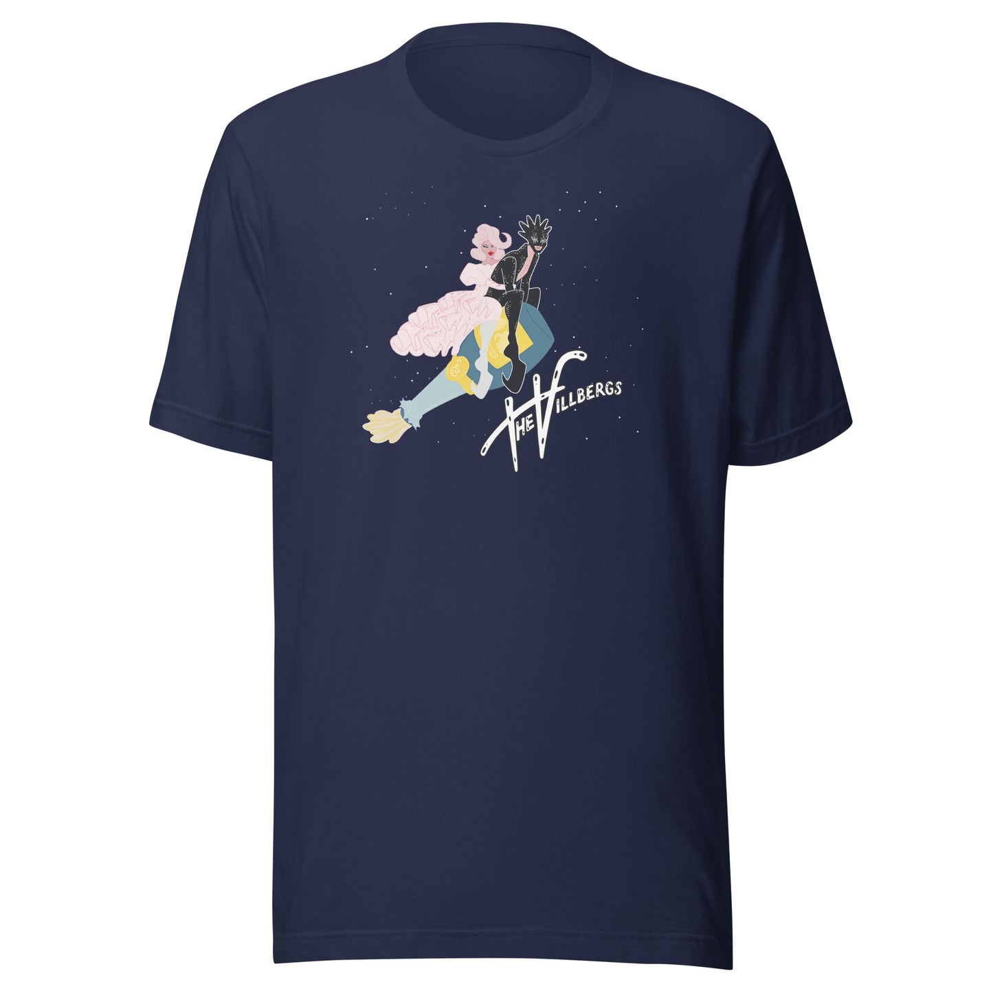 Navy blue shirt with champagne Villbergs.