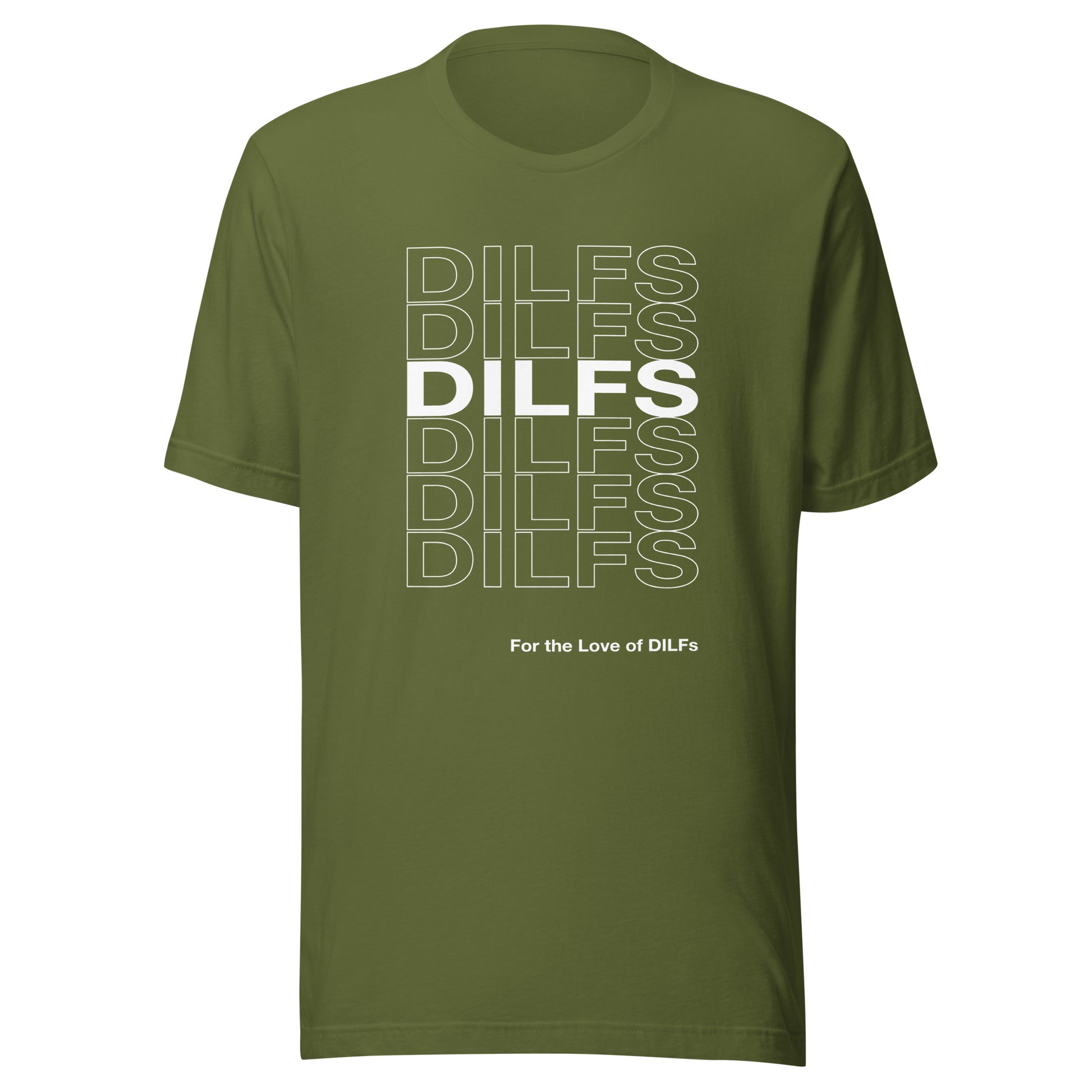 Olive green t-shirt with Dilfs repeat graphic in white.
