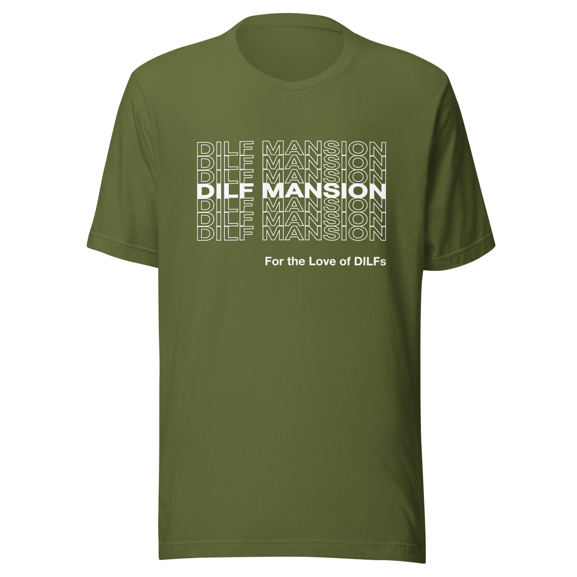 Olive green t-shirt with Dilf Mansion repeat graphic in white.