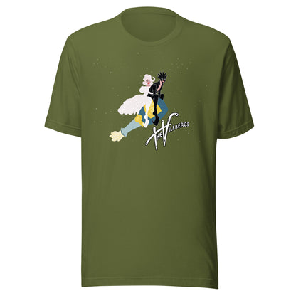 Olive green T-shirt with graphic.