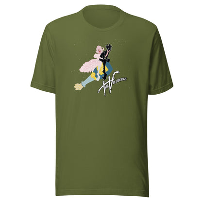 Olive green T-shirt with graphic.