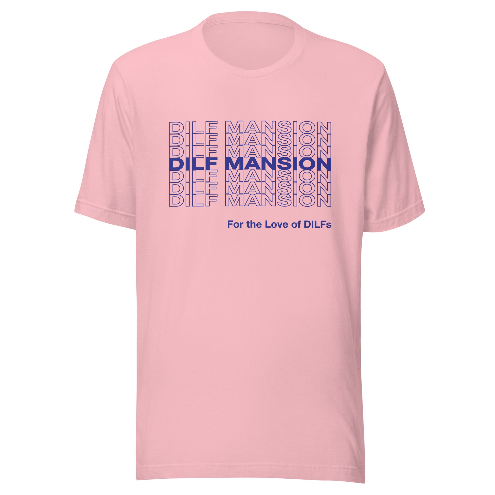 Pink t-shirt with Dilf Mansion repeat graphic in blue.