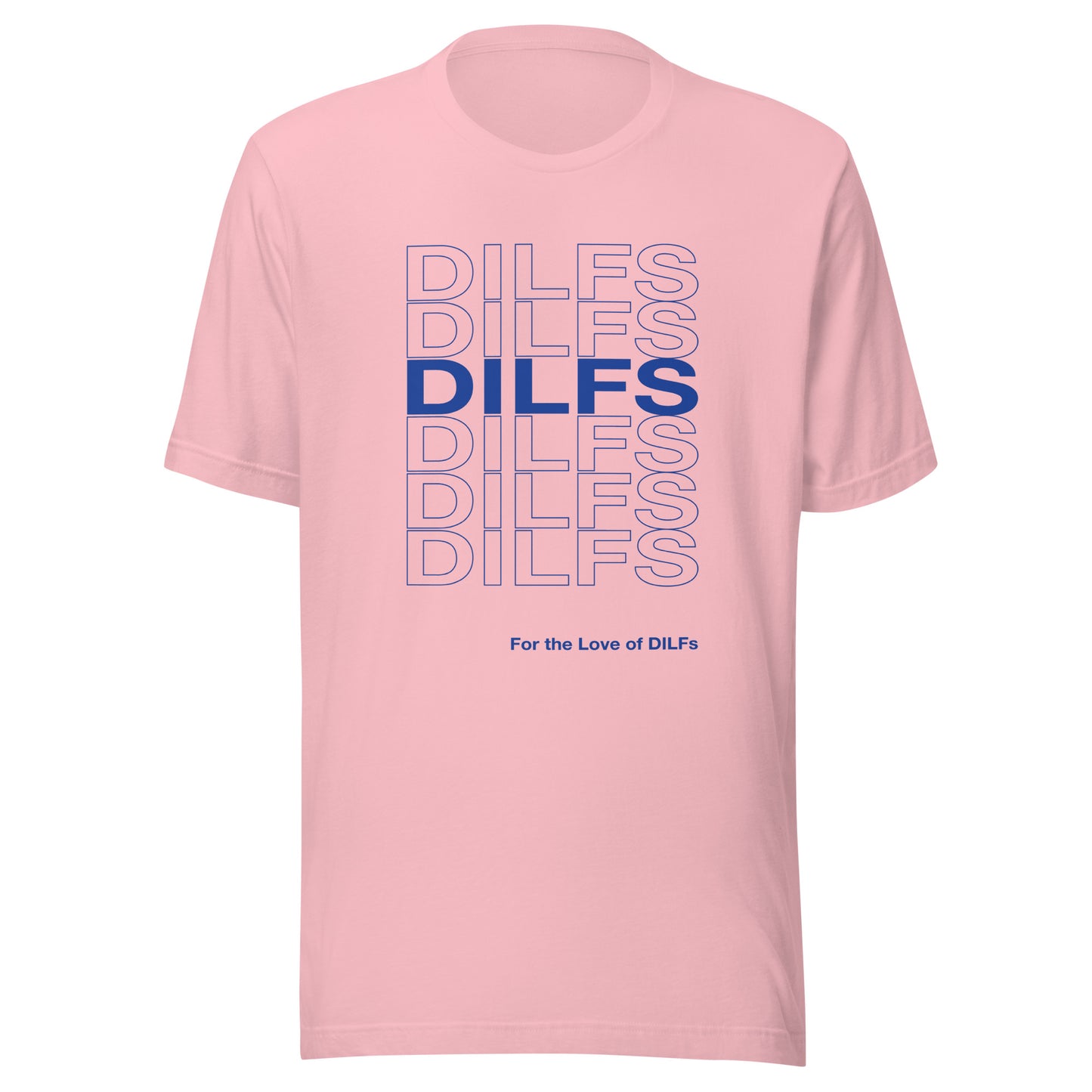Pink t-shirt with Dilfs repeat graphic in blue.