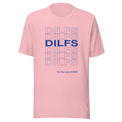 Pink t-shirt with Dilfs repeat graphic in blue.