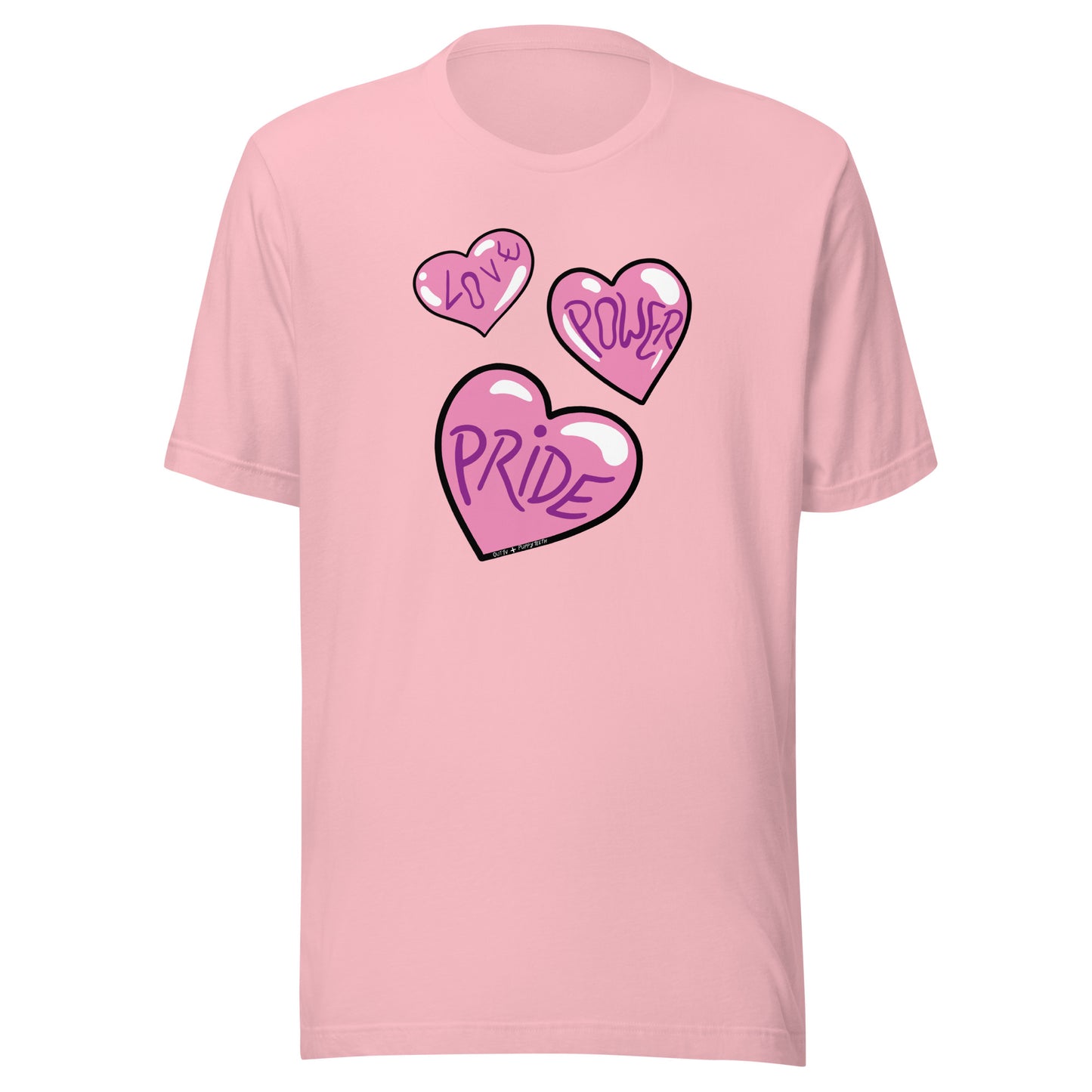 Navy blue tee, with Love, Power and Pride hearts.