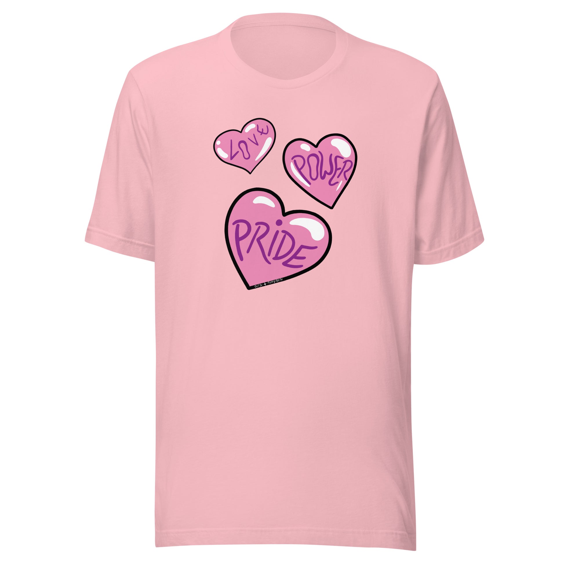 Navy blue tee, with Love, Power and Pride hearts.