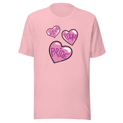 Navy blue tee, with Love, Power and Pride hearts.