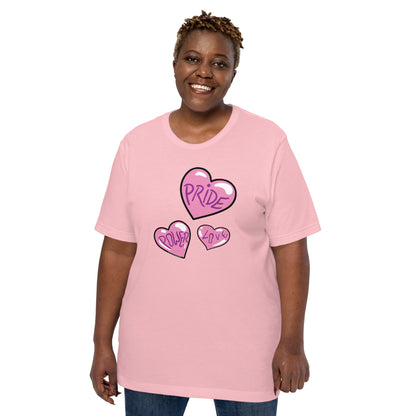 Woman in pink shirt with 3 illustrated pink hearts, each containing a single word: Pride, Power and Love.