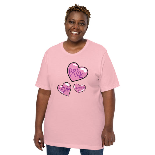 Woman in pink shirt with 3 illustrated pink hearts, each containing a single word: Pride, Power and Love.