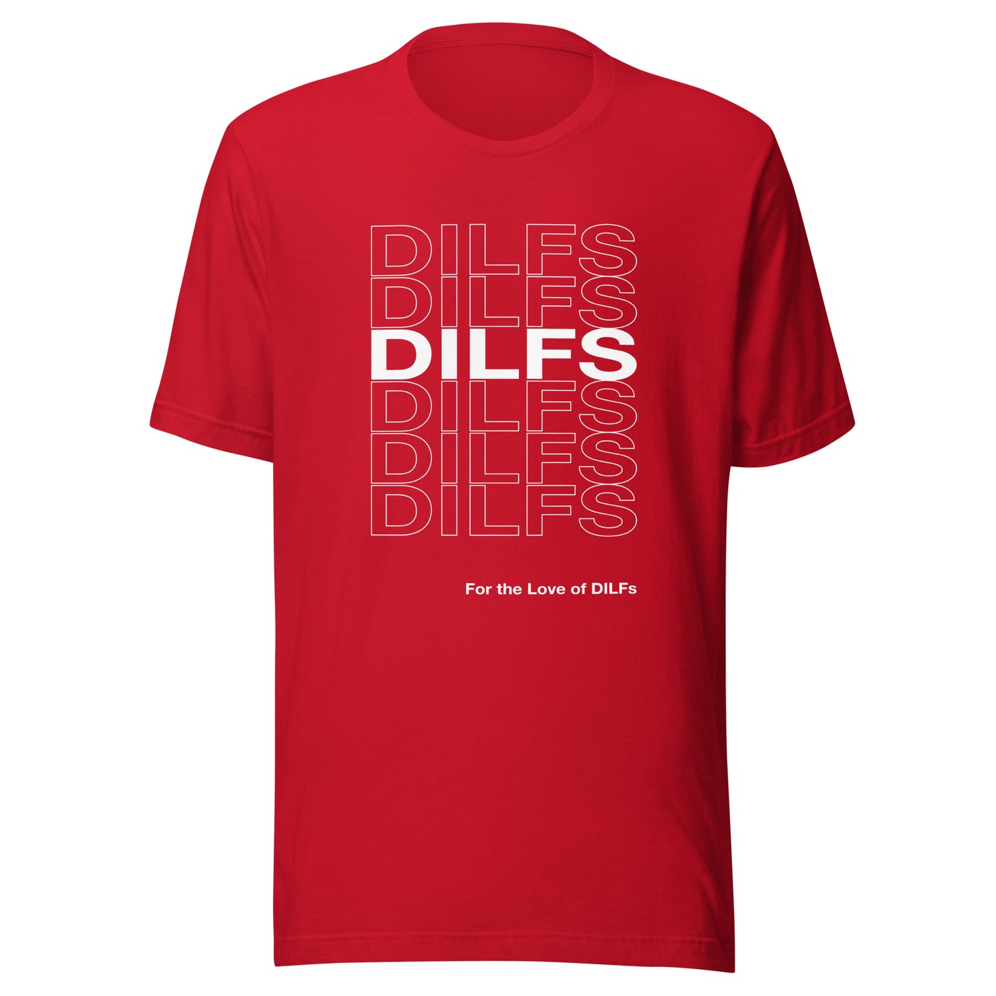 Red t-shirt with Dilfs repeat graphic in white.