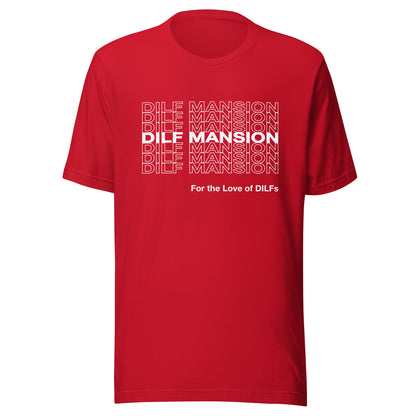 Red t-shirt with Dilf Mansion repeat graphic in white.
