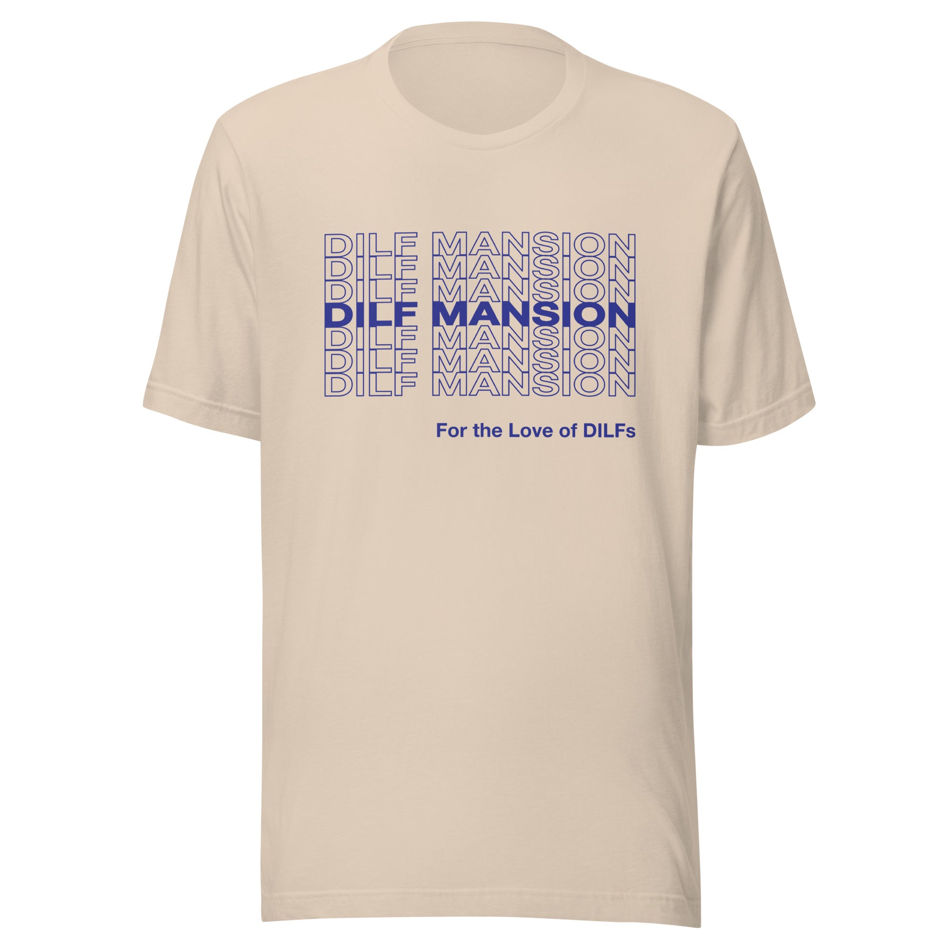 Soft cream t-shirt with Dilf Mansion repeat graphic in blue.
