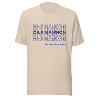 Soft cream t-shirt with Dilf Mansion repeat graphic in blue.