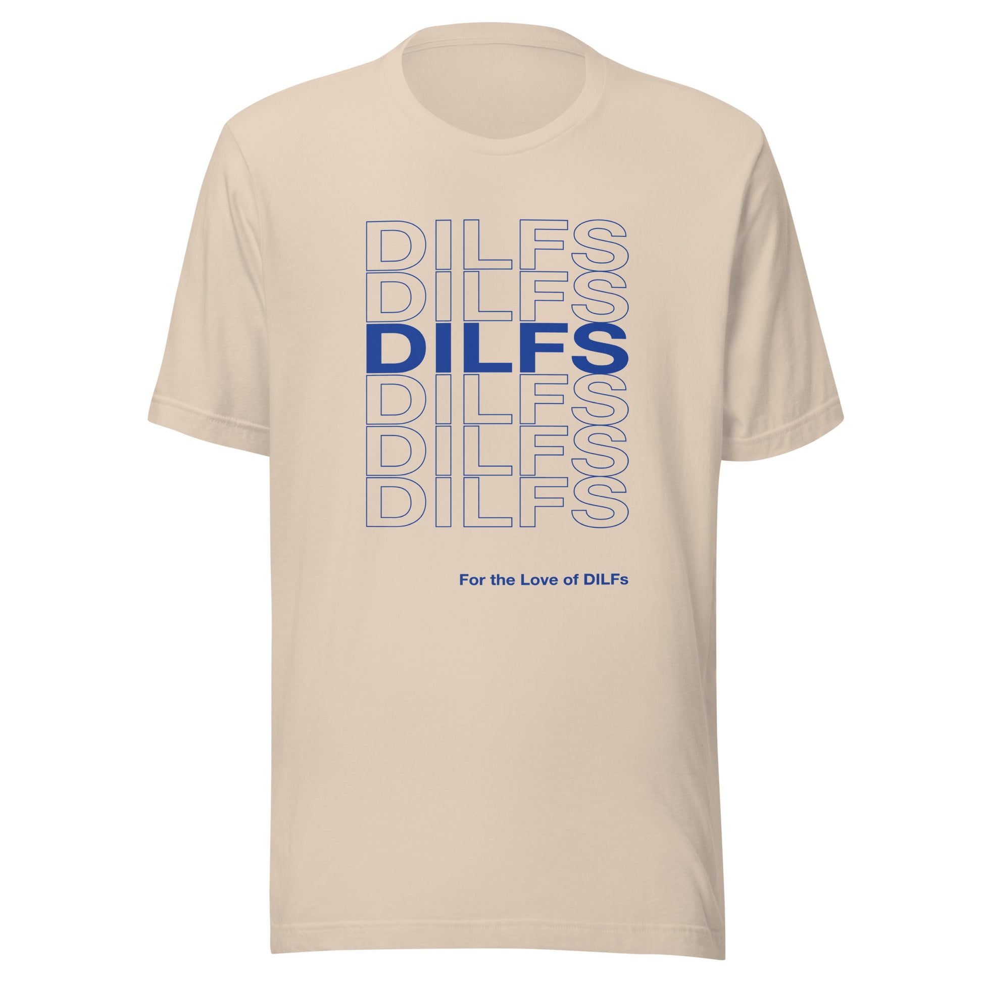 Soft cream t-shirt with Dilfs repeat graphic in blue.