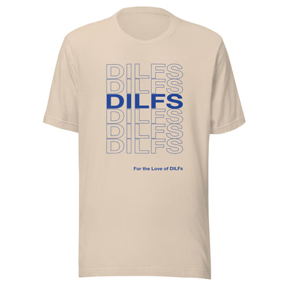 Soft cream t-shirt with Dilfs repeat graphic in blue.