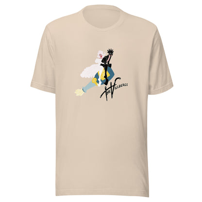 Cream colored shirt with graphic.