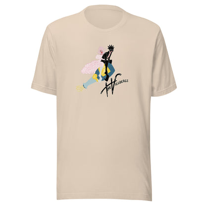 Cream colored shirt with graphic.