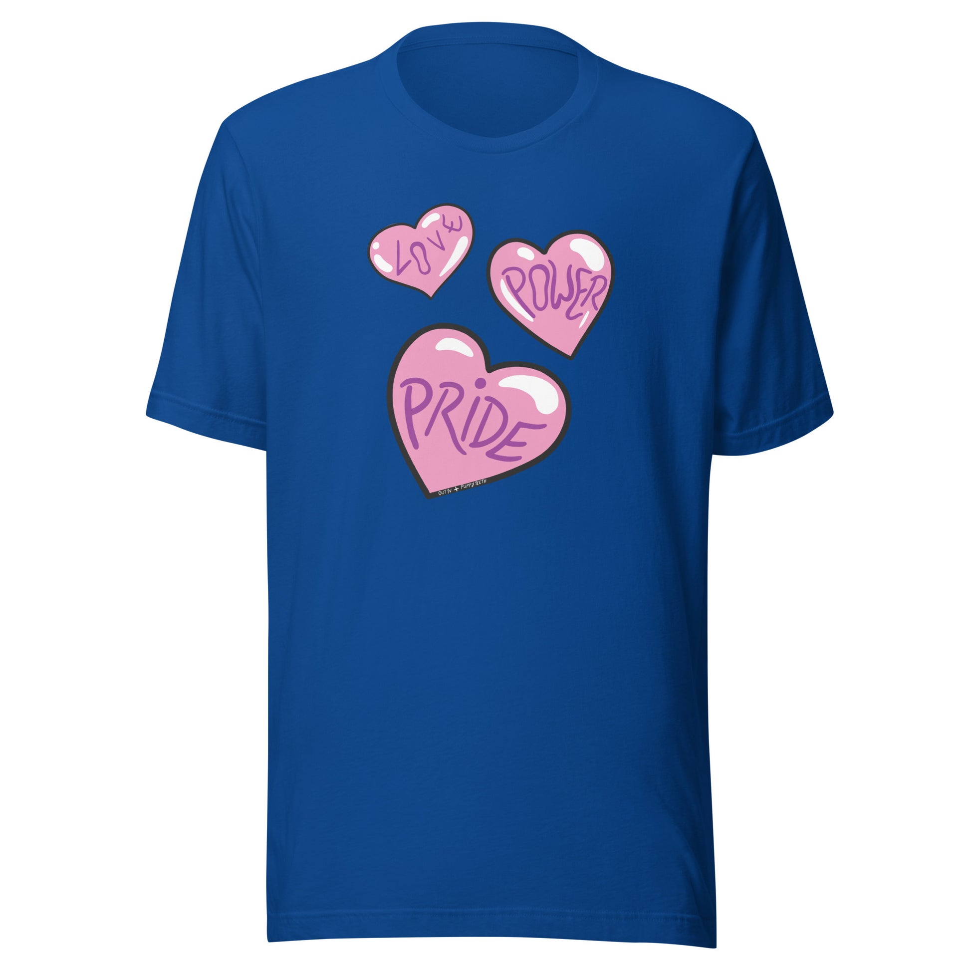Royal blue shirt with 3 hearts.