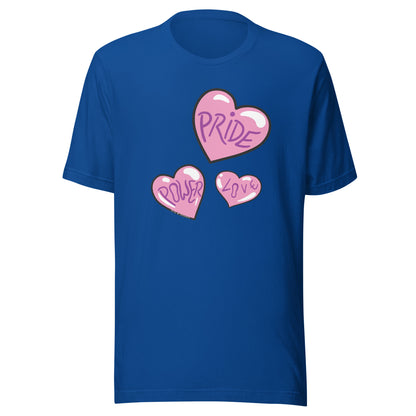 Royal blue shirt with 3 hearts.