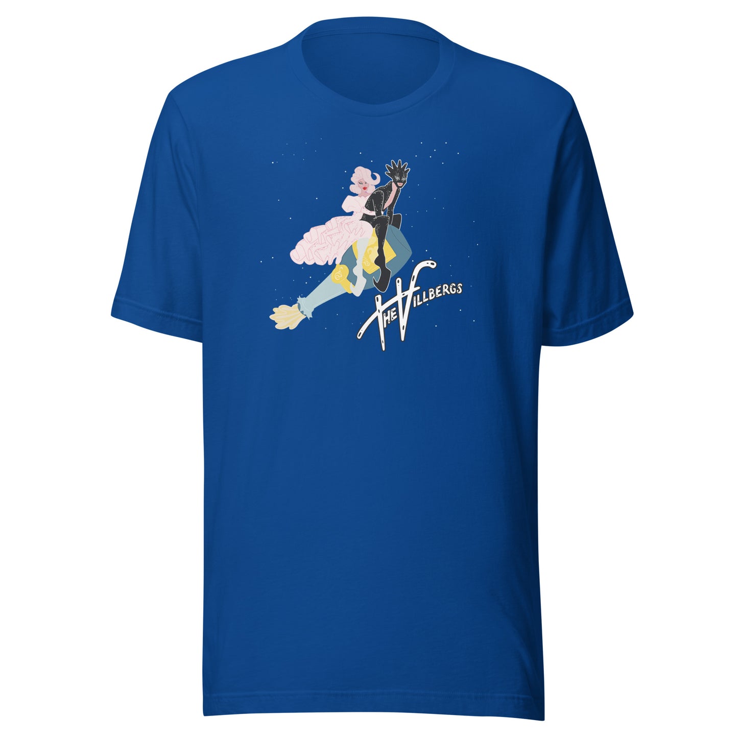 Royal blue heather tee with graphic.