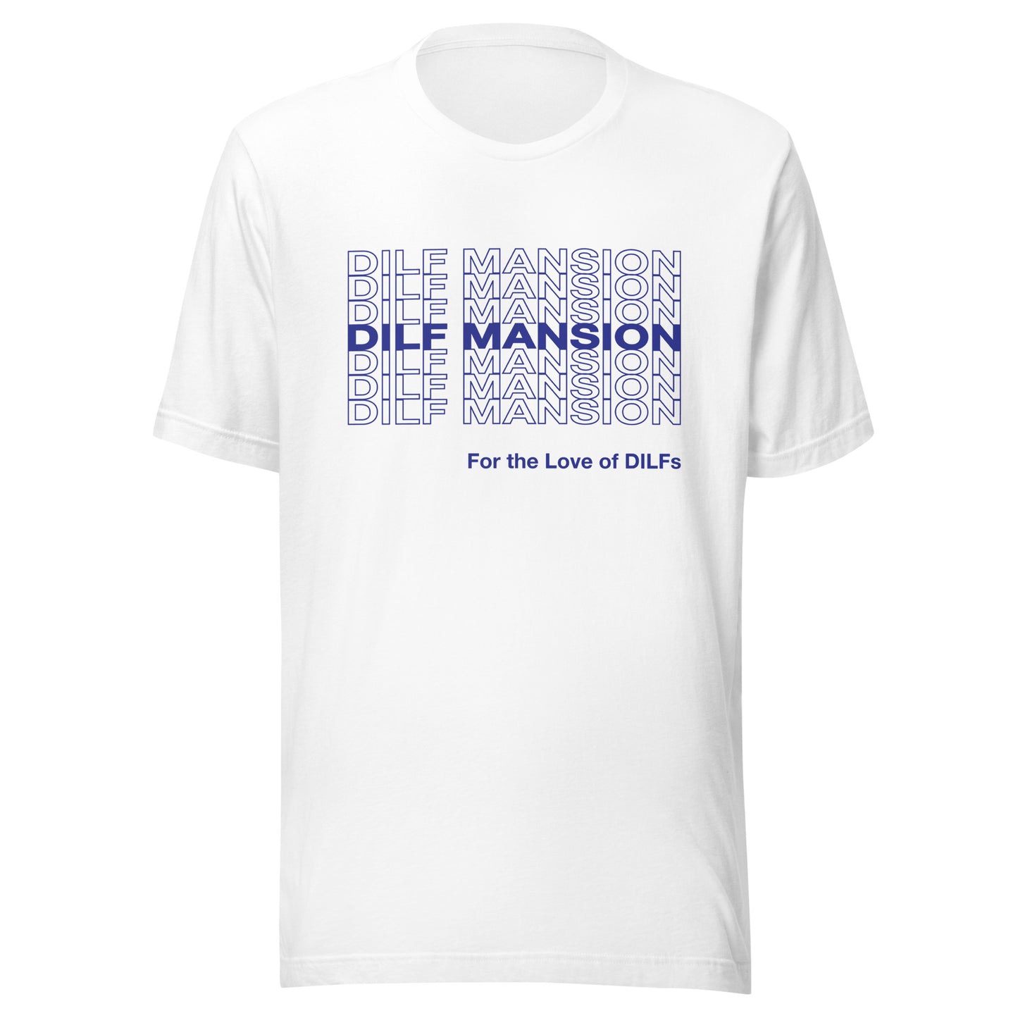 White t-shirt with Dilf Mansion repeat graphic in blue.