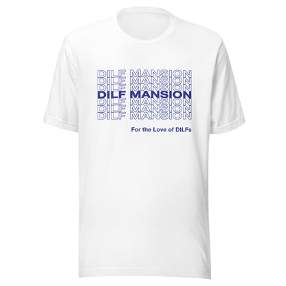 White t-shirt with Dilf Mansion repeat graphic in blue.