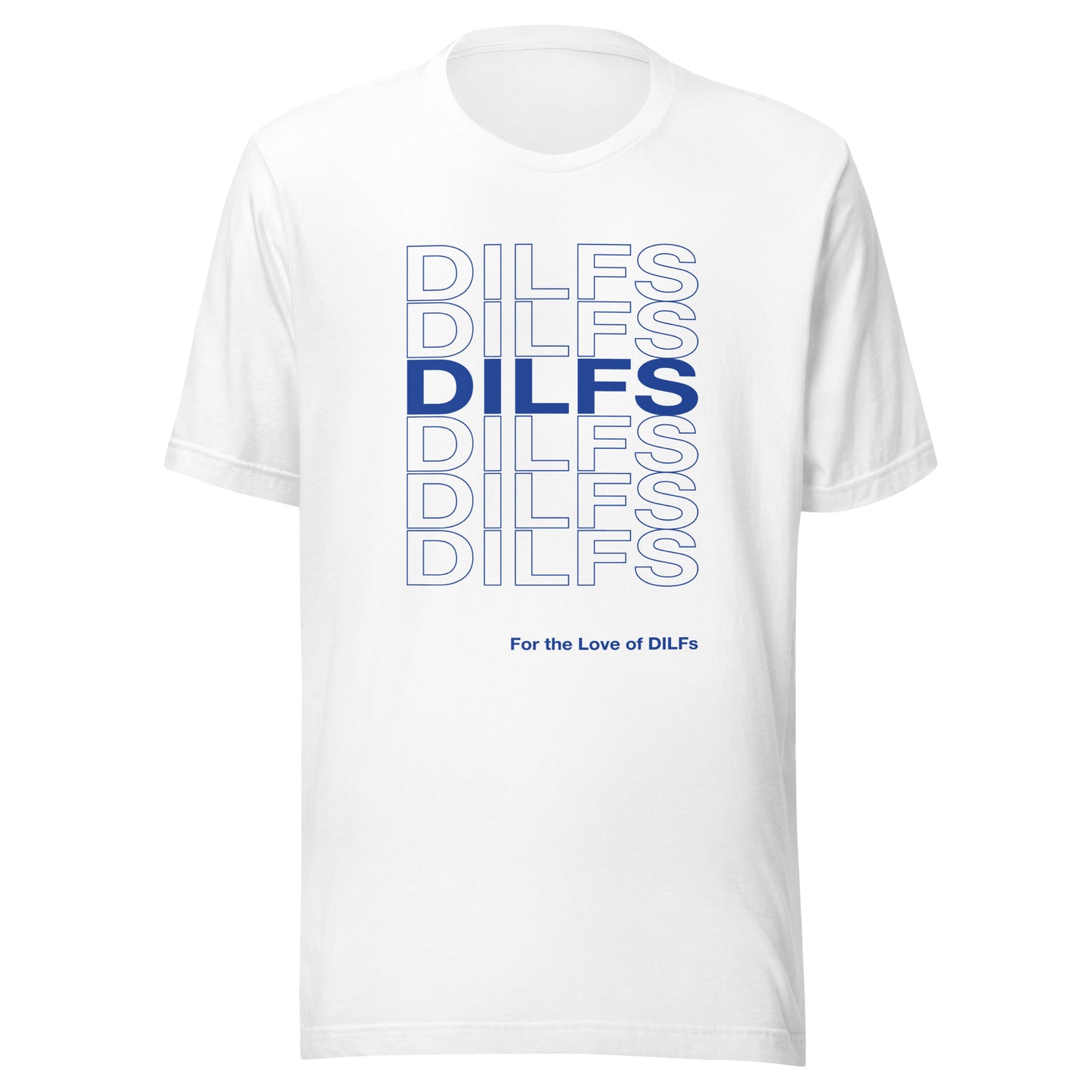 White t-shirt with Dilfs repeat graphic in blue.