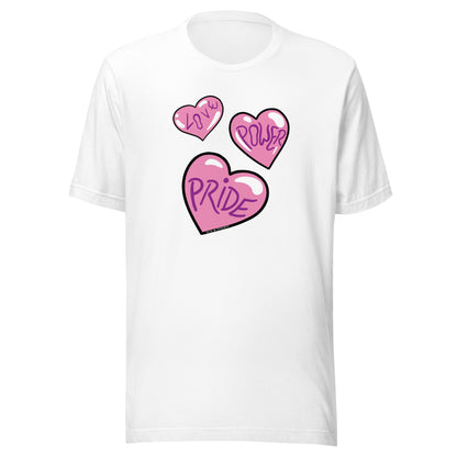 White T-shirt, with the 3 pink hearts. Hearts are different sizes and randomly placed.