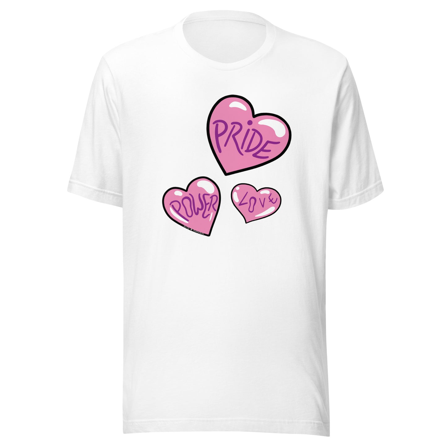 White T-shirt, with the 3 pink hearts. Hearts are different sizes and randomly placed.